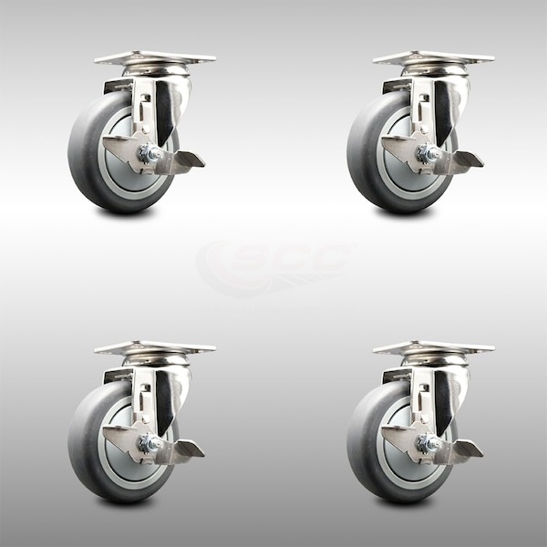 4 Inch 316SS Thermoplastic Rubber Wheel Swivel Top Plate Caster Set with Brake